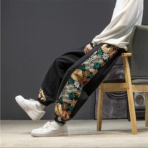 Japanese Floral Embroidered Black Pants